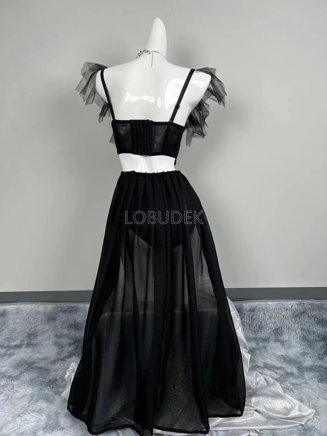 Черный женский бикини с бусинами со шлейфом сексуальный танцевальный костюм для