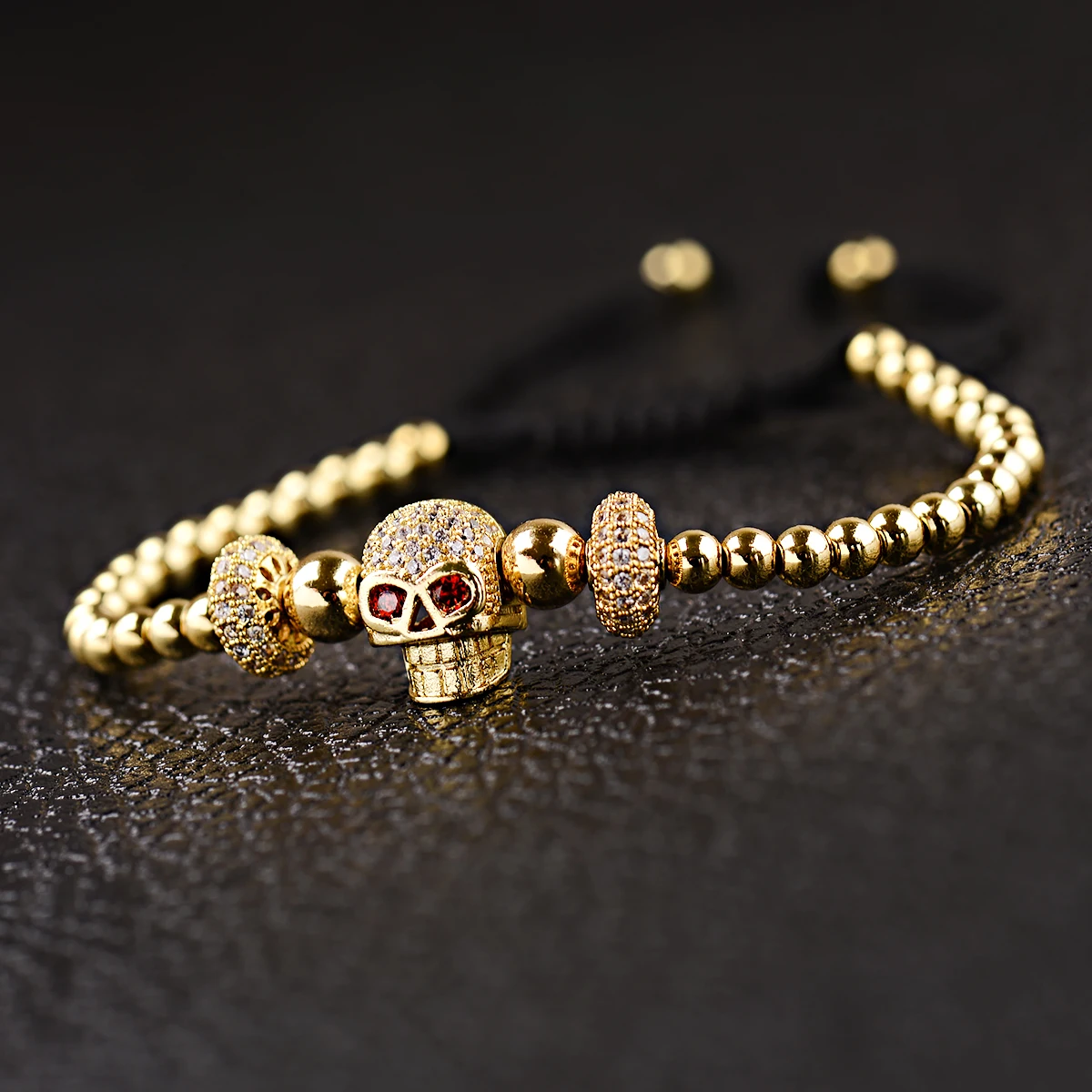 

Fashion Bracelets For Men Micro Pave Skull Adjustable Copper Bead CZ Bracelets 2023 Gold Color Charm Bead Bracelet Jewelry Gift