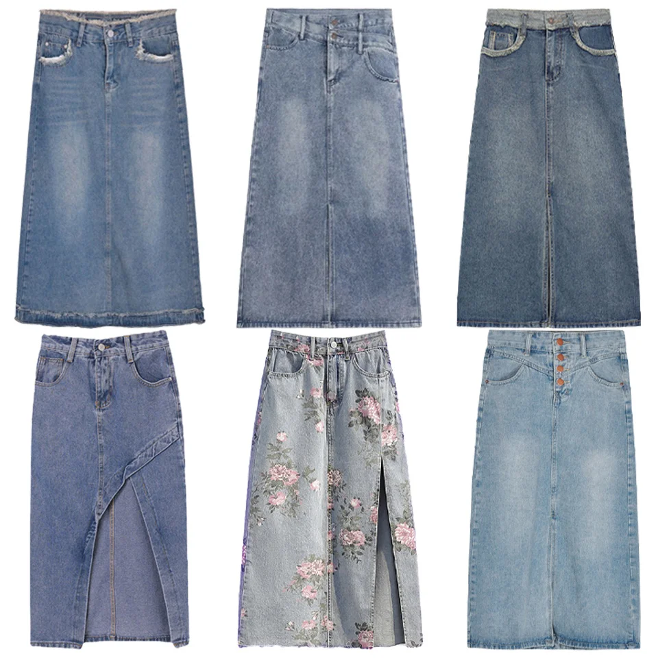 

Women's Blue Denim Skirt High Waist Side Split Thigh Jean Skirts With Pockets Mid Calf A Line Short Skirt Y2K Jeans Skirts