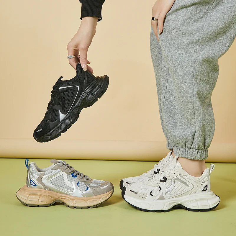 Autuspin Outdoor Casual Sport Shoes Women Spring Summer Sneakers Suede Leather Thick Heels Retro Platform Breathable Shoes Woman