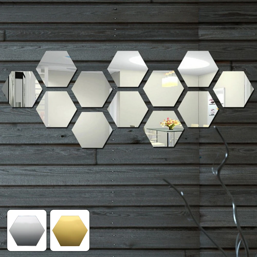 

12/48pcs/set Wall Sticker Hexagon Mirror Acrylic Mirror Wall Sticker Self Adhesive Living Room Bathroom Home Wall Decoration