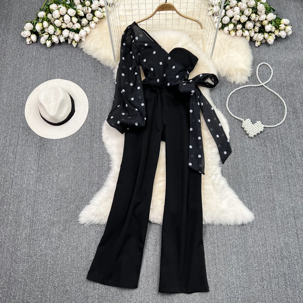 Summer Women's Retro Diagonal Collar Single Strapless Jumpsuit, Casual High Waist Skinny Straight Wide Leg Pants Jumpsuit