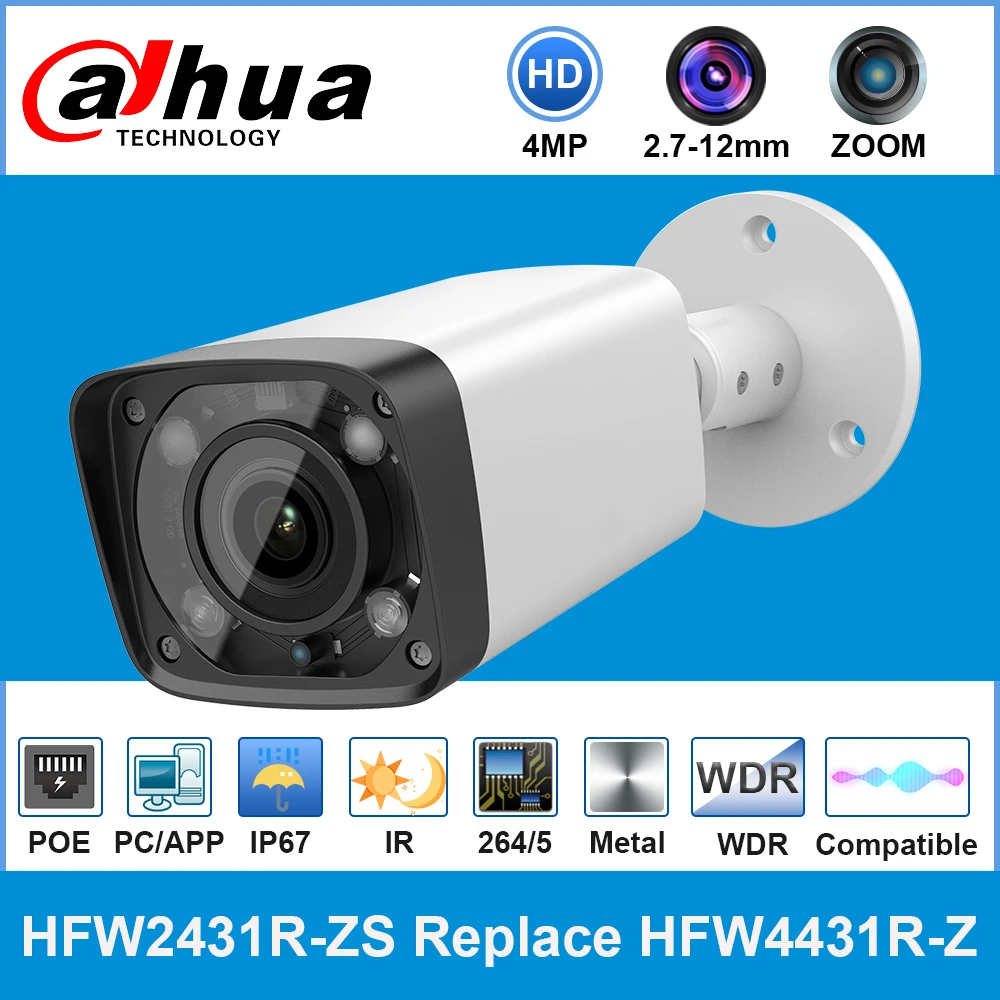 

Dahua 4MP IPC-HFW2431R-ZS Replace IPC-HFW4431R-Z IR 2.7-12mm VF Lens Motorize Zoom Bullet Webcam POE SD Card Slot Security IP67