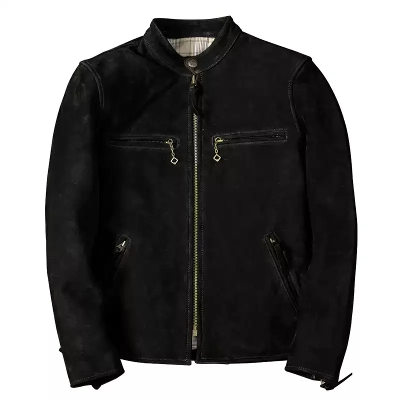 Черная осенняя кожаная куртка мужская с воротником-стойкой размера плюс 5XL из
