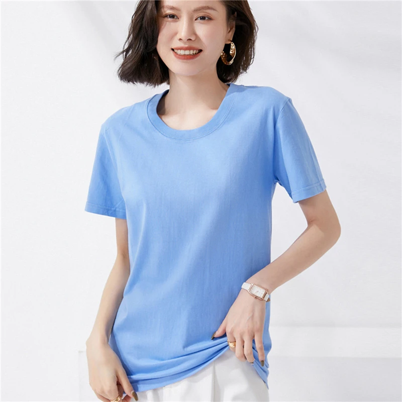 

Женские летние хлопковые футболки с коротким рукавом и круглым вырезом