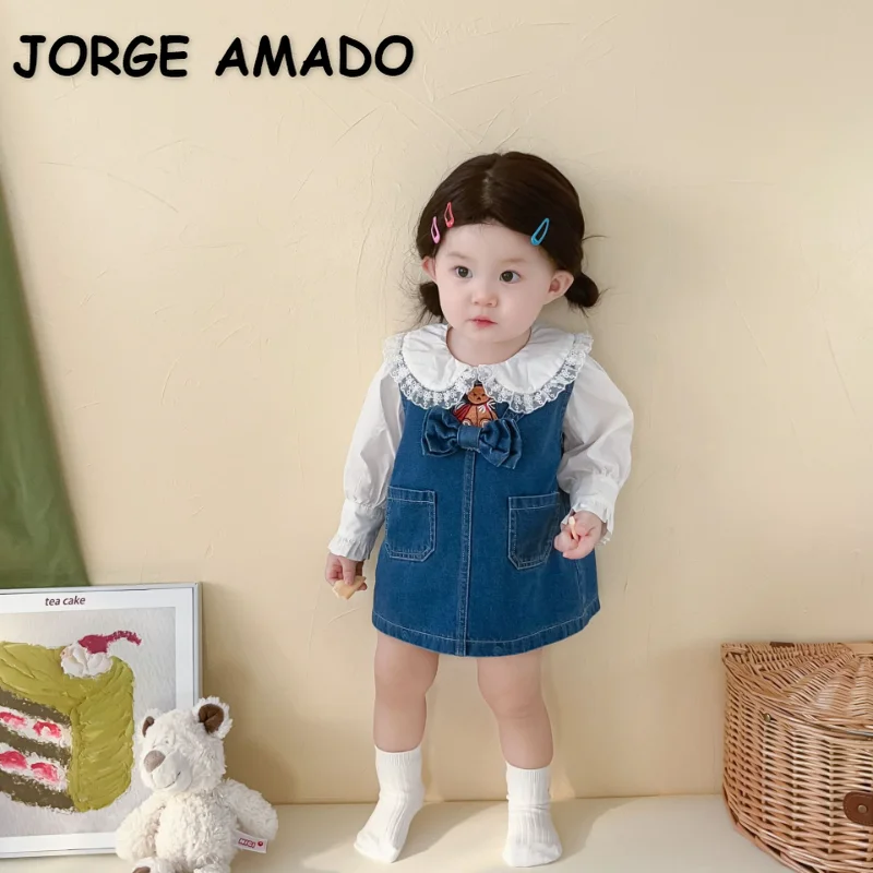 

Spring Autumn Baby Girl Set White Lace Peter Pan Collar Puff Sleeve Shirt+Cartoon Bear Bow Denim Vest Dress Infant Clothes E6848