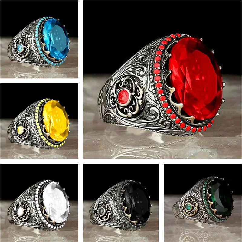 

Retro Men's Ring Red Blue Yellow Black and White Gemstone Ring Inlaid Turquoise Gothic Fashion Personality Wedding Jewelry