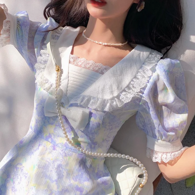 

New Summer Chiffon Dress High Quality Oil Panting Sexy Peter Pan Collar Vintage Patchwork Lace Bow Midi Dress Vestidos 2021