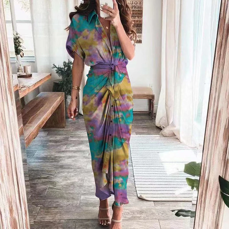 

Elegant Long Dress Color Contrast Short Sleeve Single Breasted Print