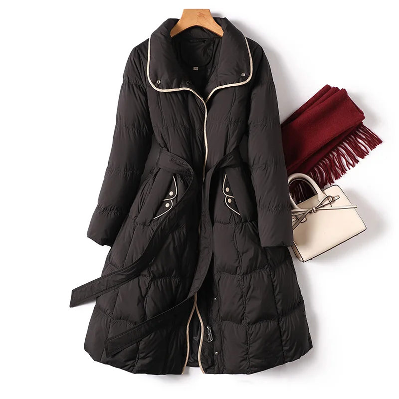 Top Fashion Design Thin 85%  White Duck Down Long Down Jacket Women  Office Lady  Adjustable Waist  Winter Coats Women