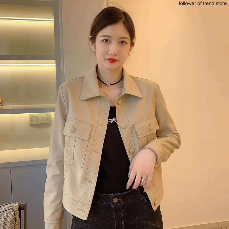 Autumn 2022 Leather Coat Female Skinny Women Casual Leather Jackets  Short  Jacket Fashion Casual Top Vintage  Single Breasted