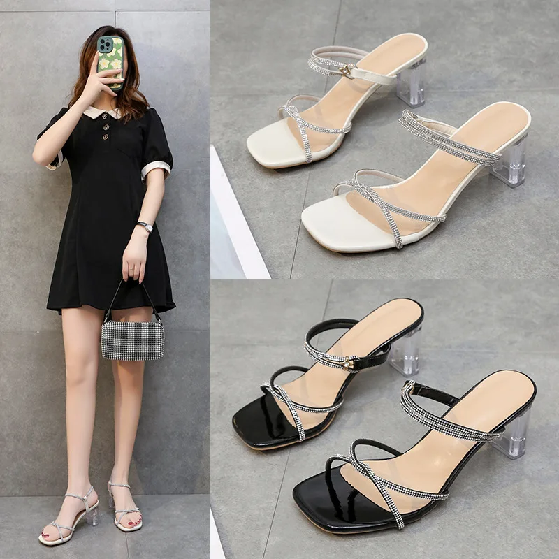 

Тапки женские на низком квадратном каблуке, прозрачные, блестящие