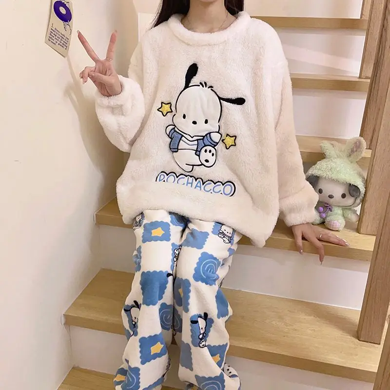 

Sanrio Pochacco Pajamas Kawaii Cinnamoroll Home Clothes Female Autumn Winter Cartoon Warm Sweet Long Sleeved Sets Gift for Girls