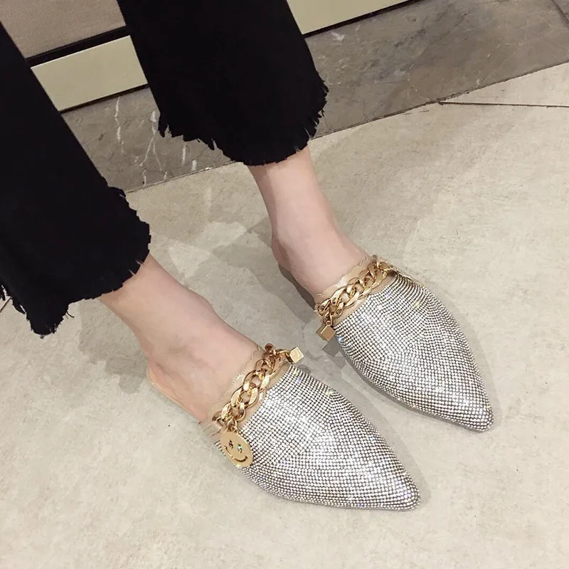 

Women Flat Slippers Summer Outside Slides Fashion Rhinestones Pointed Toe Mule Shoes Big Size 42 43