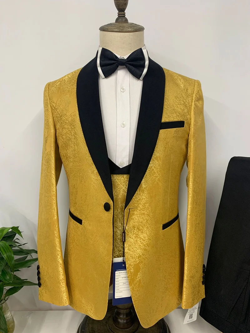 EU Size Fashion Dark Grain Design Mens Suits 3 Piece Wedding Yellow Blue Beige White Purple Prom Party Suit For Men 2022 Q1604