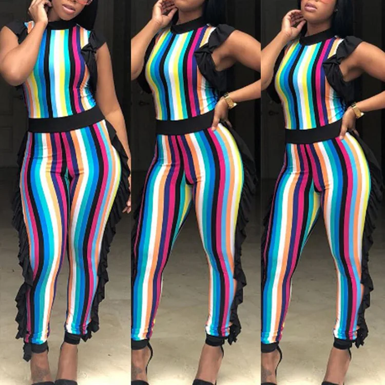 

DN8074 Ladies sexy jumpsuit summer new fashion personality multicolor striped fungus edge bodysuit female overalls for women