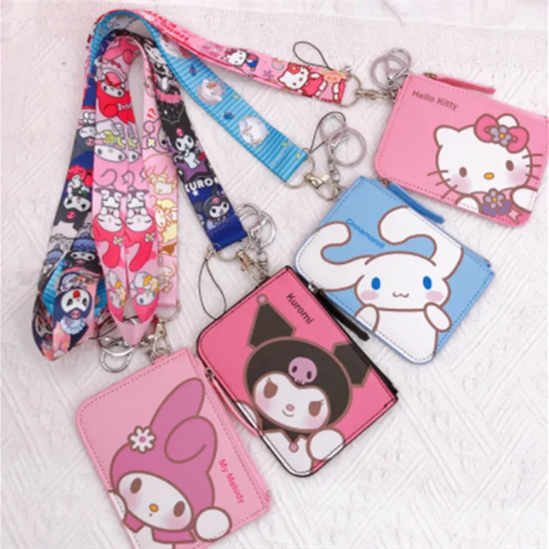 

Cartoon Animation Sanrio Hellokitty My Melody Kuromi Pu Card Sleeve Student Card with Key Ring Hanging Rope Neck Goods In Stock