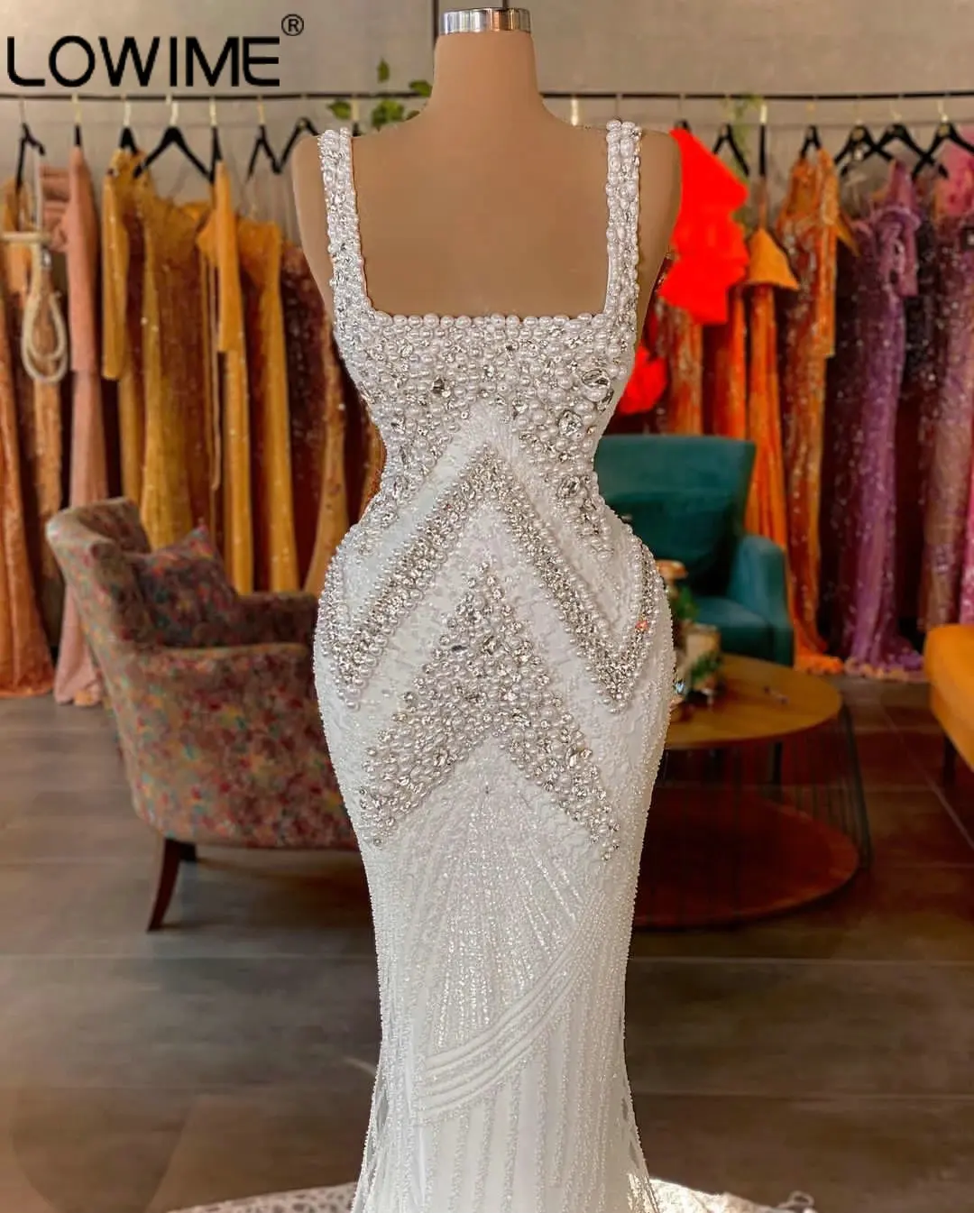 

Gorgeous Beaded Pearls Square Neck Long Evening Dresses 2023 Dubai Design Sparkling Mermaid Wedding Party Gowns Special Occasion