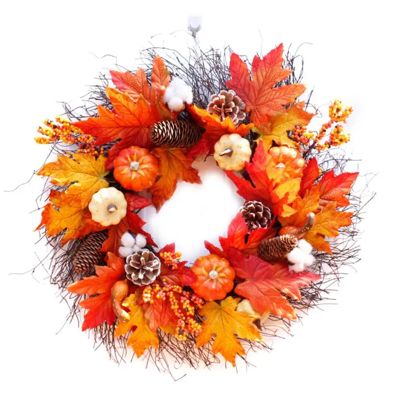 

E5BB Halloween Thanksgiving Door Hanging Wreath Artificial Maple Leaves Pumpk