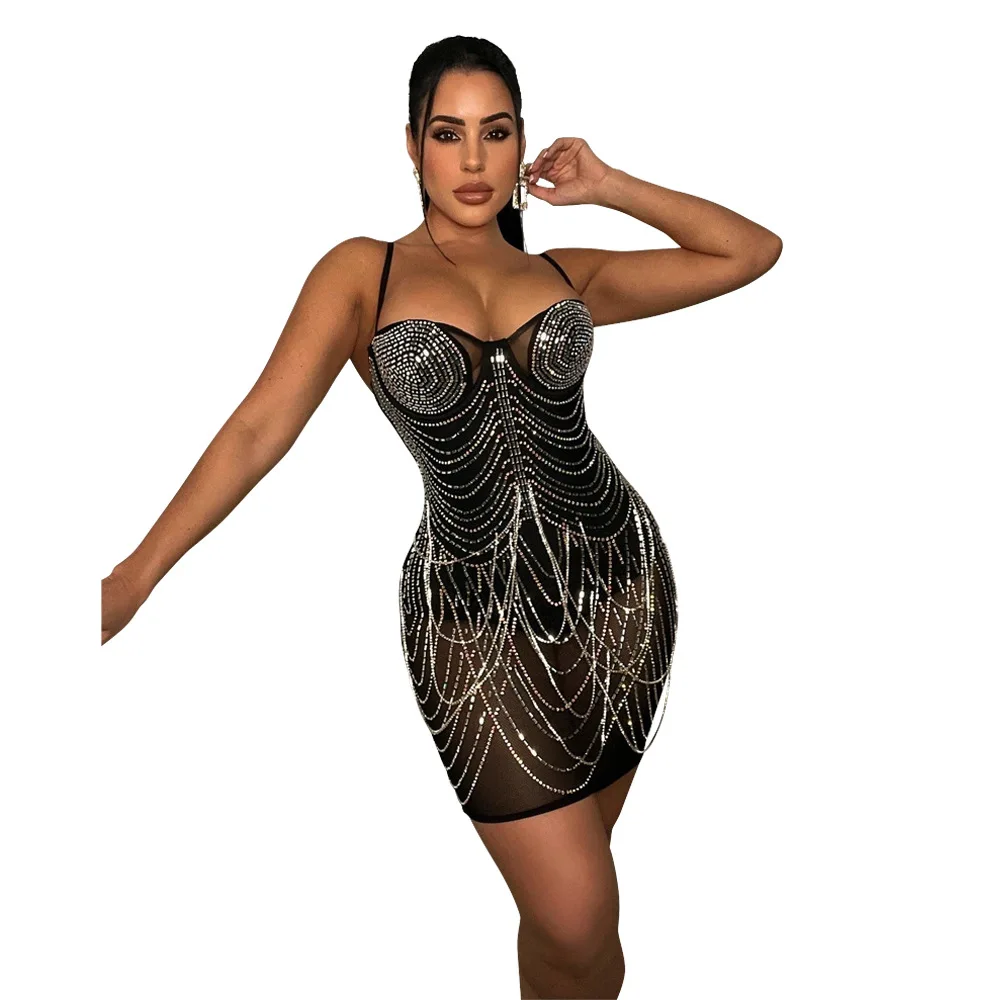 Women Sexy Sequins Mini Prom Evening Dress Spaghetti Backless Hollow Sleeveless Party Dress Sexy Bodycon Nightclub Dress