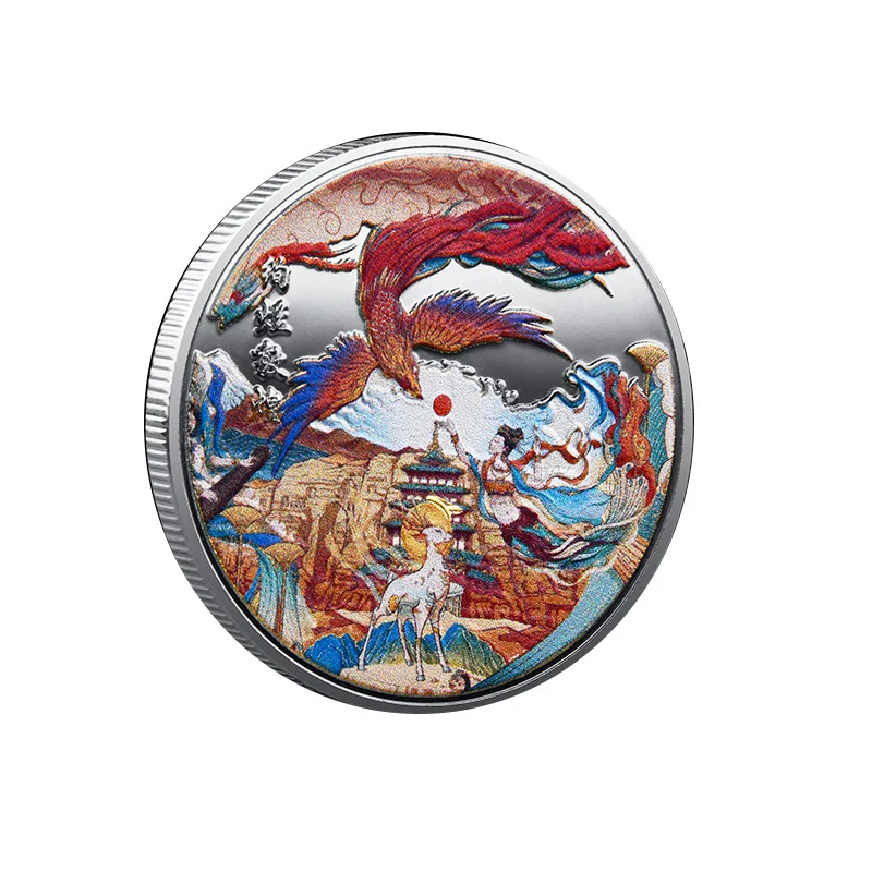 

Phoenix Nirvana Fairy Deer Painted Collectible Commemorative Coin Colored Wing Bird Dunhuang Chinese Culture Souvenir Badge Gift