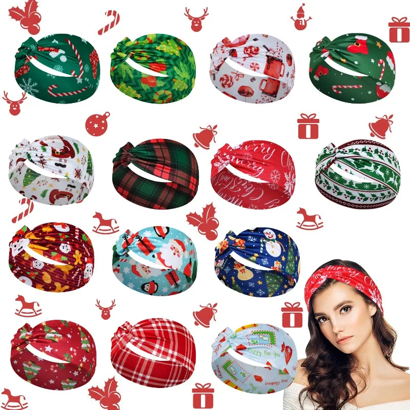 

Christmas Headband Women Stretchy Headwraps Elastic Hair Bands Turban Hair Wraps Snowman Twisted Wide Knotted Hair Accessories