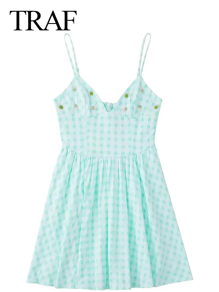 

TRAF Summer Fashion Retro Fresh Blue and White Small Plaid Print Lady Sling Dress Elegant Slim V-Neck Short Women's Dress