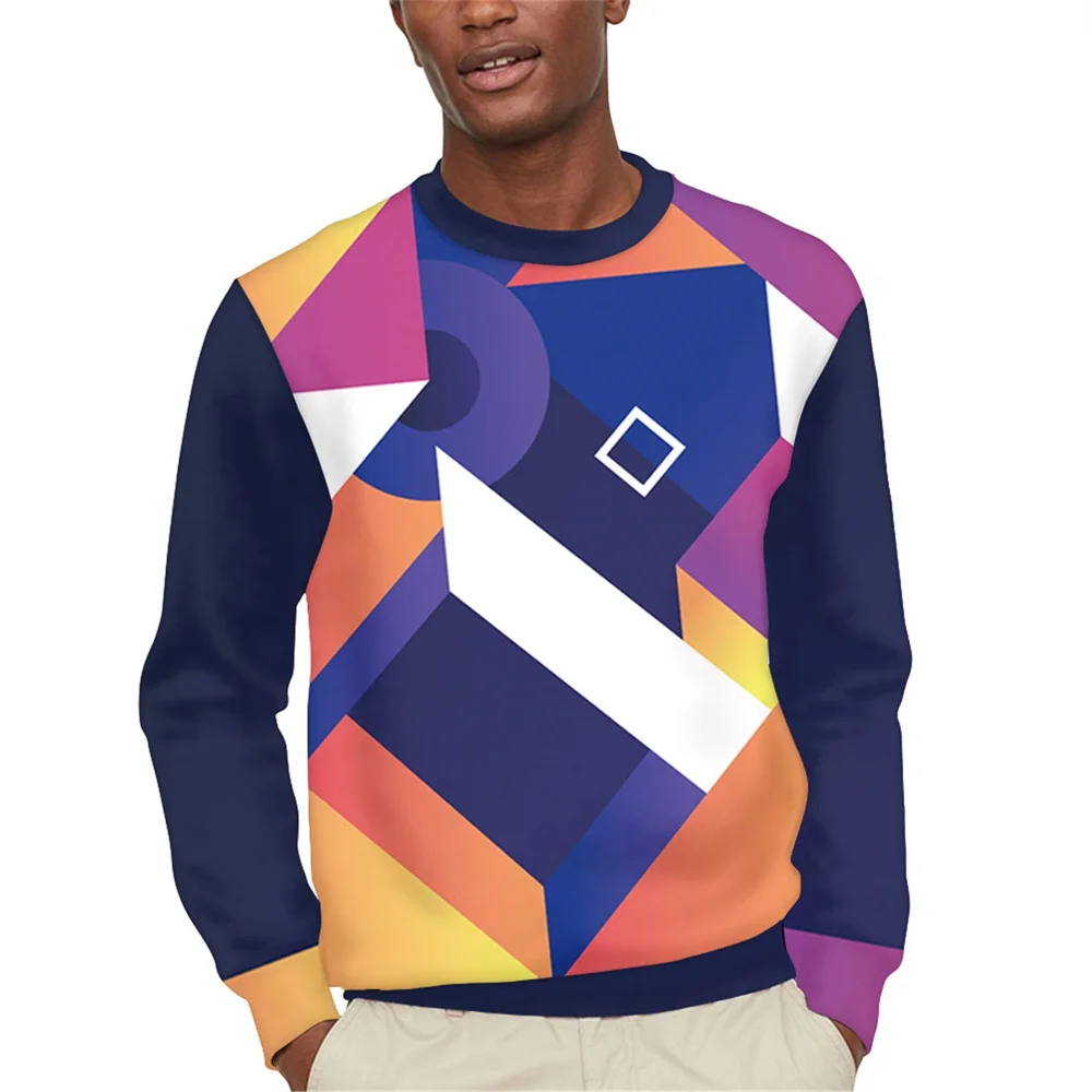 

Пуловер мужской с геометрическим рисунком, повседневный свитшот с интересным 3D-принтом, уличная одежда из хлопка с длинным рукавом и круглым вырезом
