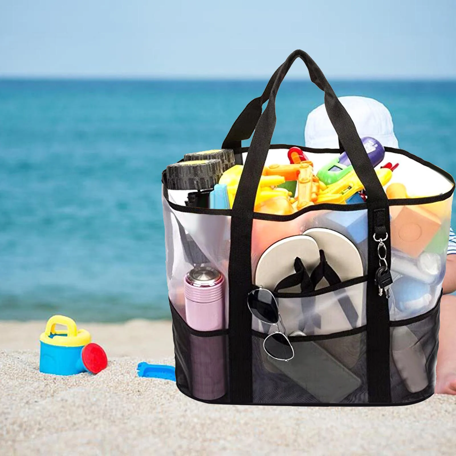 

Women Swimming Storage Tote Bag Large Capacity Shoulder Pack Beach Portable Mesh Bag Handbags Travel Bathing Pack with Pockets