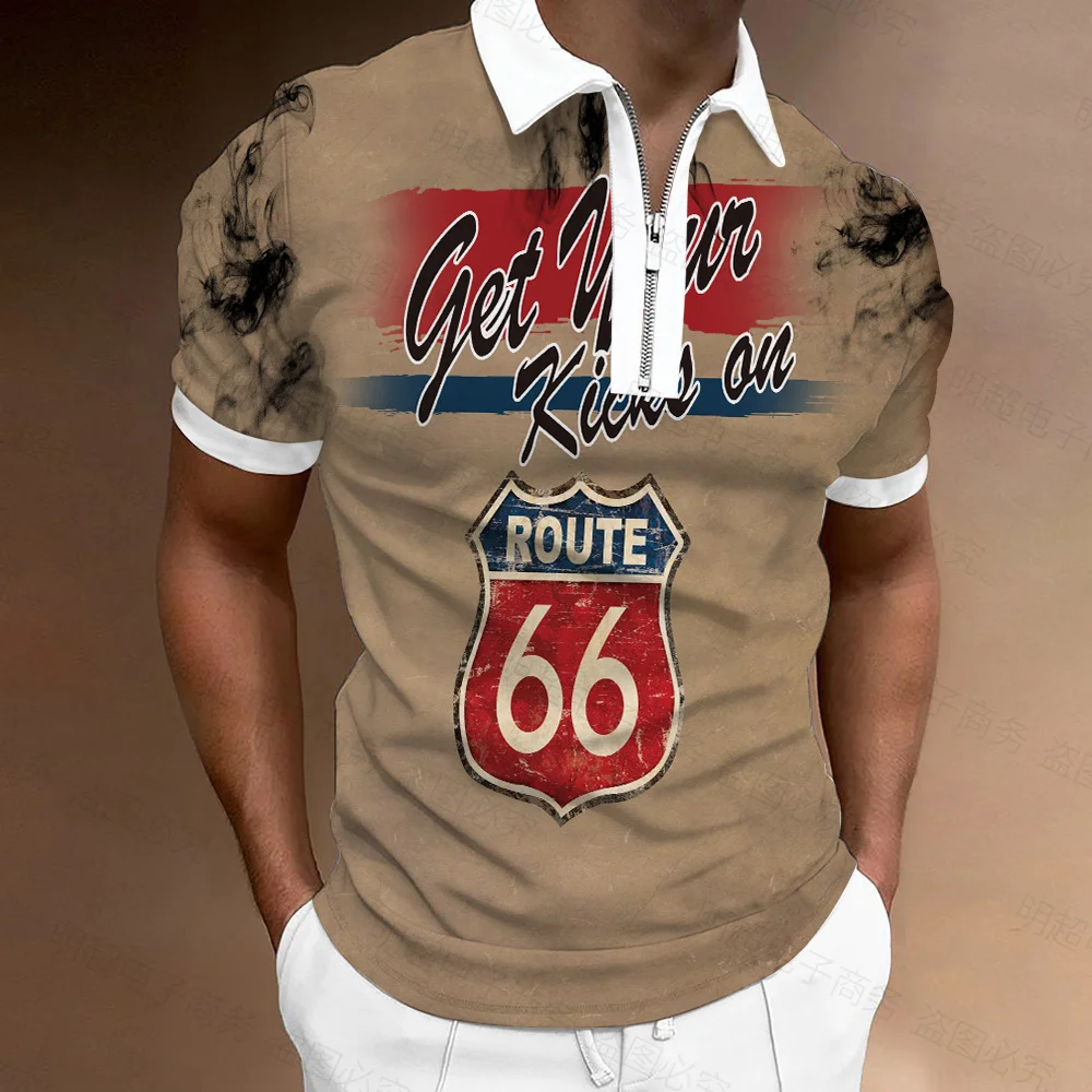 Summer men's business short sleeve polo shirt American Route 66 3D printed men's slimming high-quality lapel breathable clothing