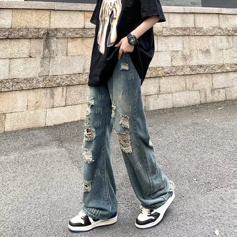 

Summer Blue Ripped Jeans Men's Fashion Casual Baggy Straight Jeans Men Streetwear Hip Hop Loose Hole Denim Pants Mens Trousers
