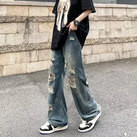 summer blue ripped jeans mens fashion casual baggy straight jeans men streetwear hip hop loose hole denim pants mens trousers