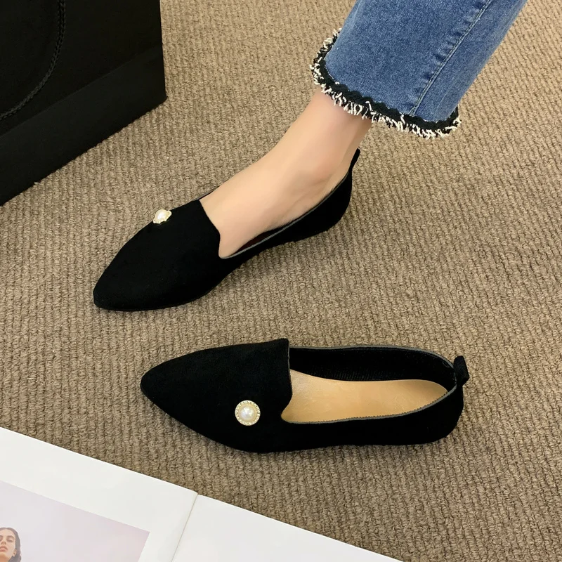 

2022 Spring Autumn Women's Flat Shoes Pointed Pearl Casual Shoes Asakuchi Women Shoes Soft Sole Walking Shoes Zapatos De Mujer