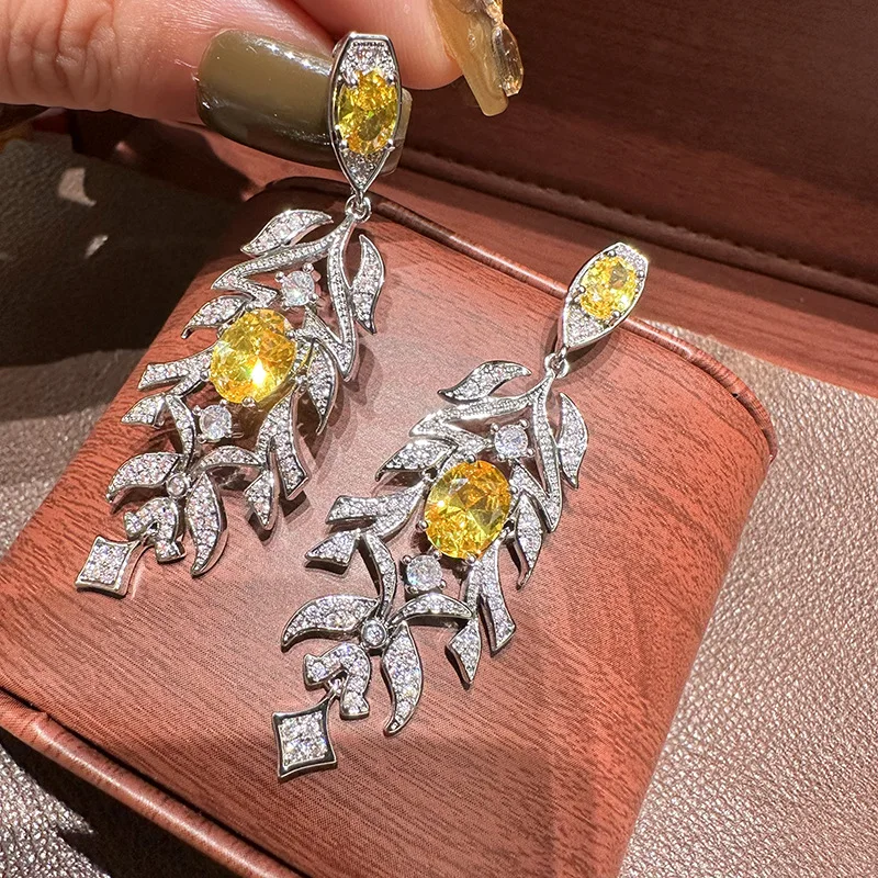 

Women Exquisite Luxury Earrings with Wheat Ear Leaves and Yellow Crystal