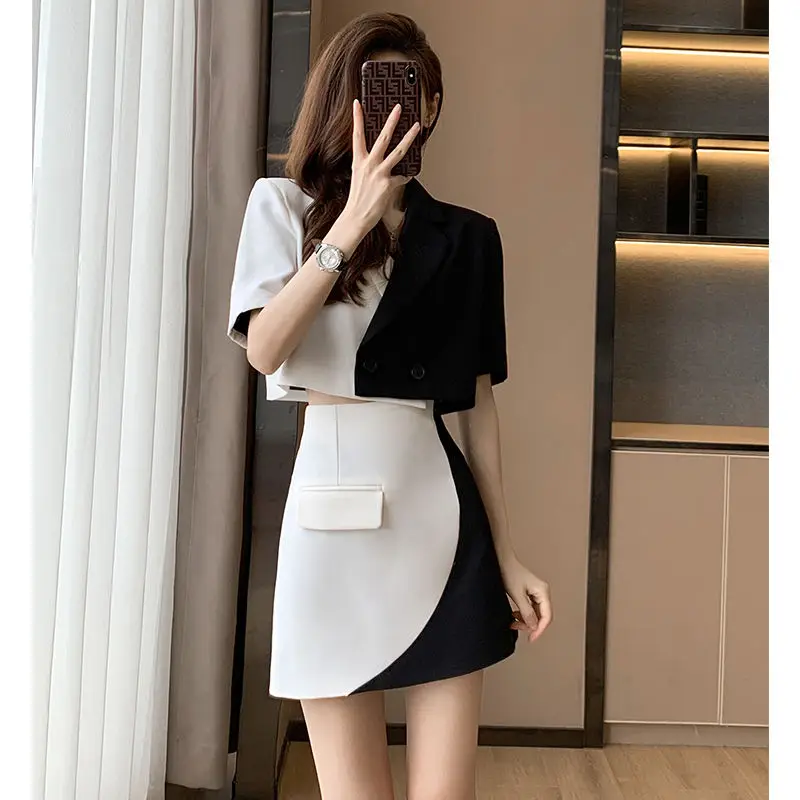 

Hikigawa Chic Fashion Contrast Color Elegant Women Tops Short Blazer Jacket+Slim High Wasit Mini Skirt Summer 2 Set Ropa Mujer