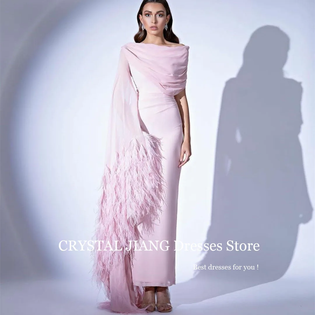 

Pink Long Chiffon Evening Dress With Feathers Full Sleeves Vestidos De Noche Mermaid Pleated Ankle Length Gala Dresses