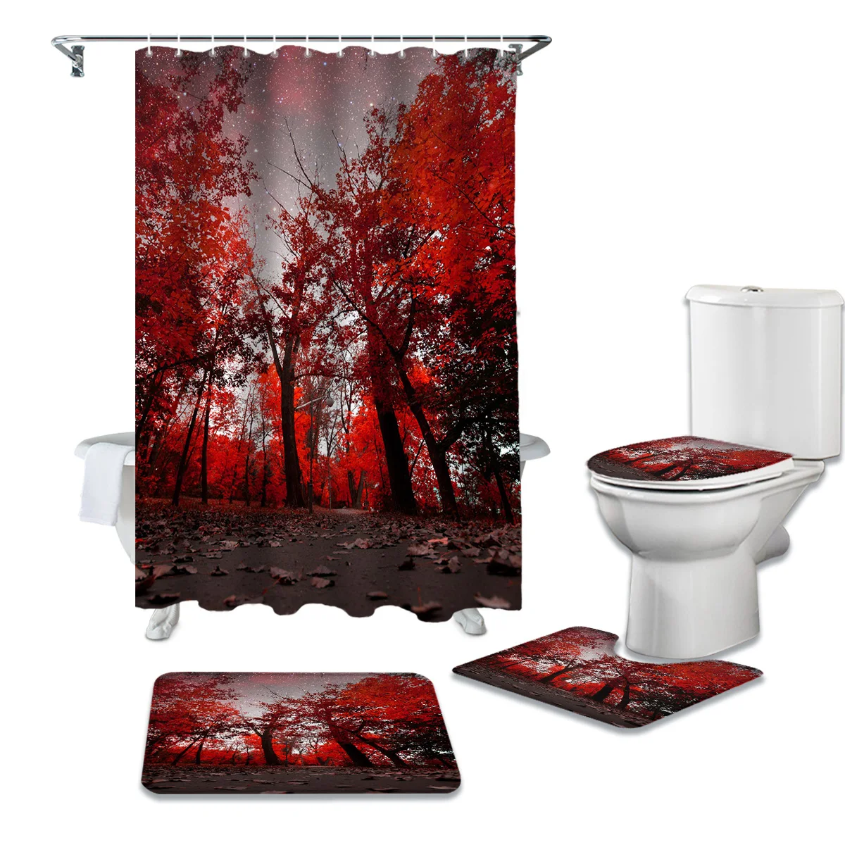 

Maple Leaves Red Forest Starry Sky Print Shower Curtain Set Carpet Cover Toilet Cover Bathroom Mat Bathroom Household