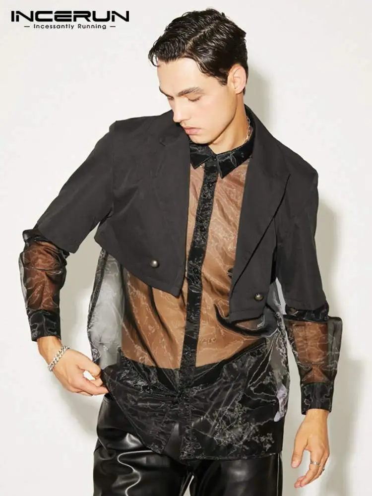 

INCERUN Fashion Men Blazer Mesh Patchwork See Through Long Sleeve Sexy Casual Suits Men 2022 Streetwear Fake Two Pieces Coats