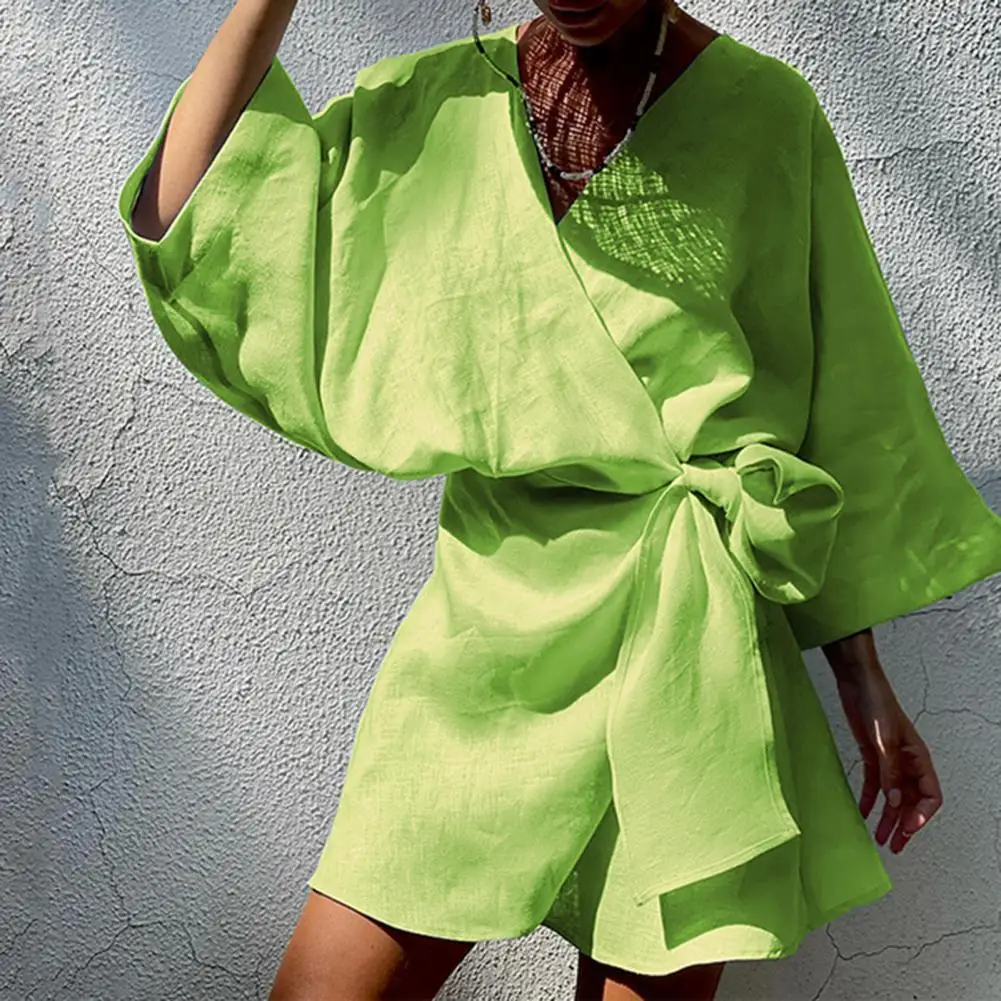 

Green Dress Summer Women 2023 Loose Breathable Cotton Linen Wrap Short Dress Women V-Neck Short Sleeve Hawaiian Beach Dress