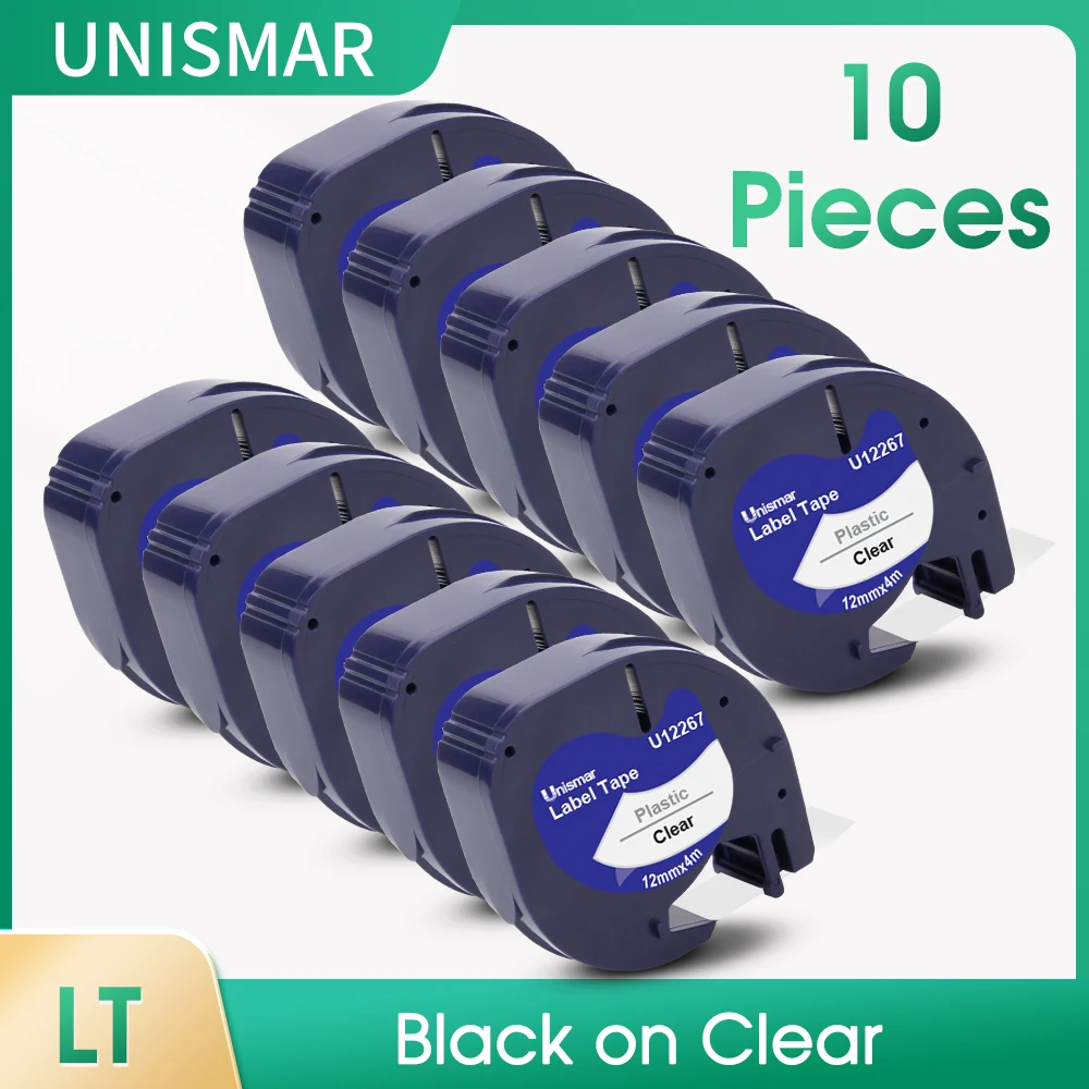 

10PK 12267 Tape Compatible Dymo LetraTag 12267 Black on Clear Plastic Label for Dymo LT-100H Label Maker LT100H Labeling Machine