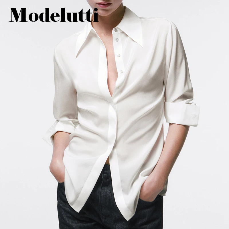

Modelutti 2022 New Spring Autumn Fashion Women Long Sleeve Solid Glossy Shirt Loose All-match Simple Casual Tops Female Chic