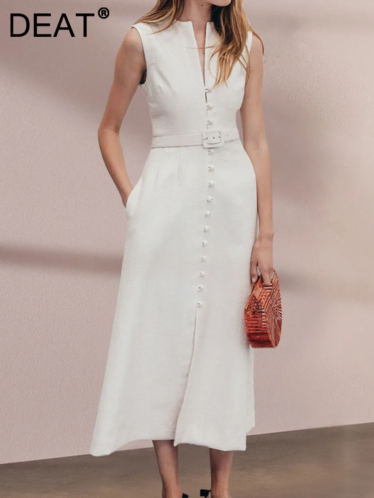 

[DEAT] Women Evening Dress O-neck Solid Color Single Breasted Sleeveless Belt Waist Fashion Dresses 2023 Summer New 13DB1695