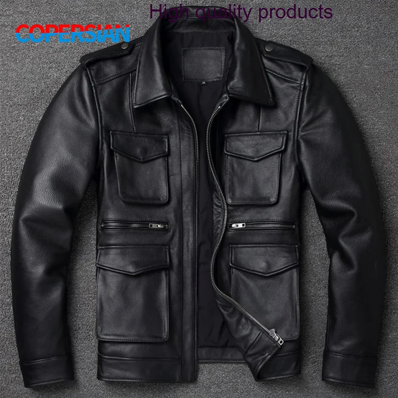 

Classic Men's Pure Cowhide Multi-pocket Winter Motorcycle Style Plus Size Leather Jacket