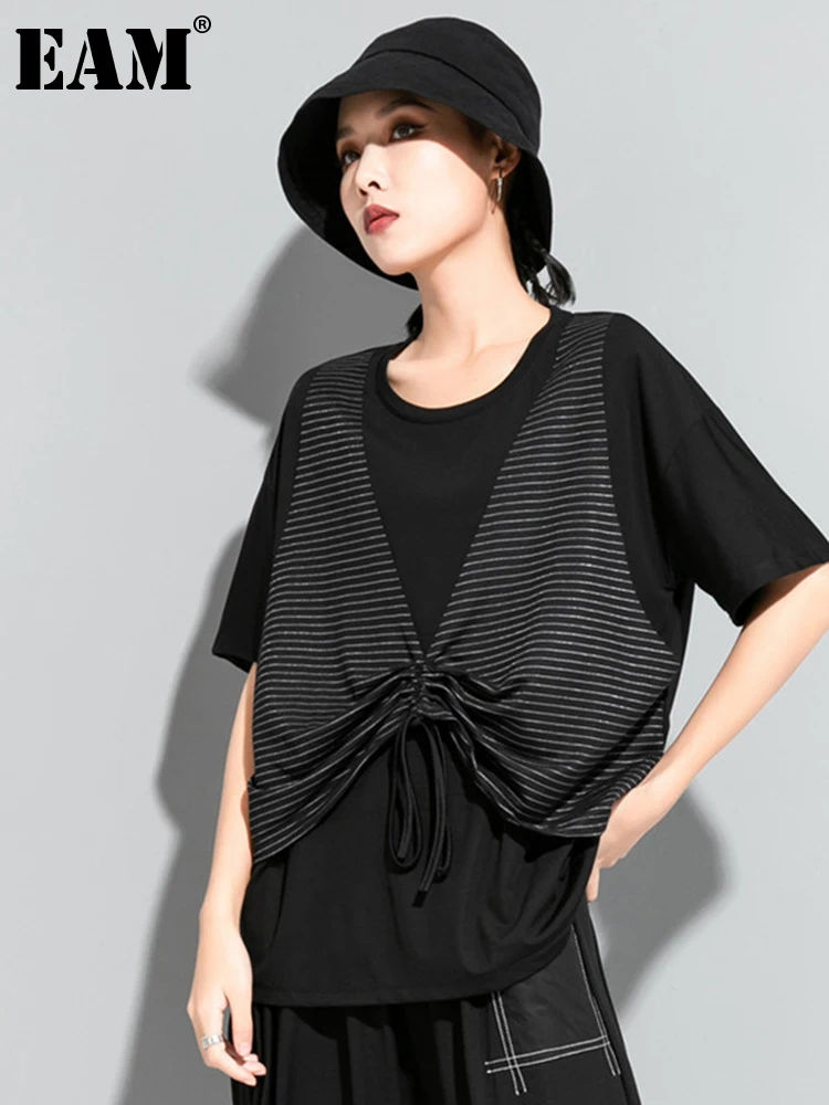 

[EAM] Women Black Striped Drawstring Big Size T-shirt New Round Neck Half Sleeve Fashion Tide Spring Summer 2022 1U776