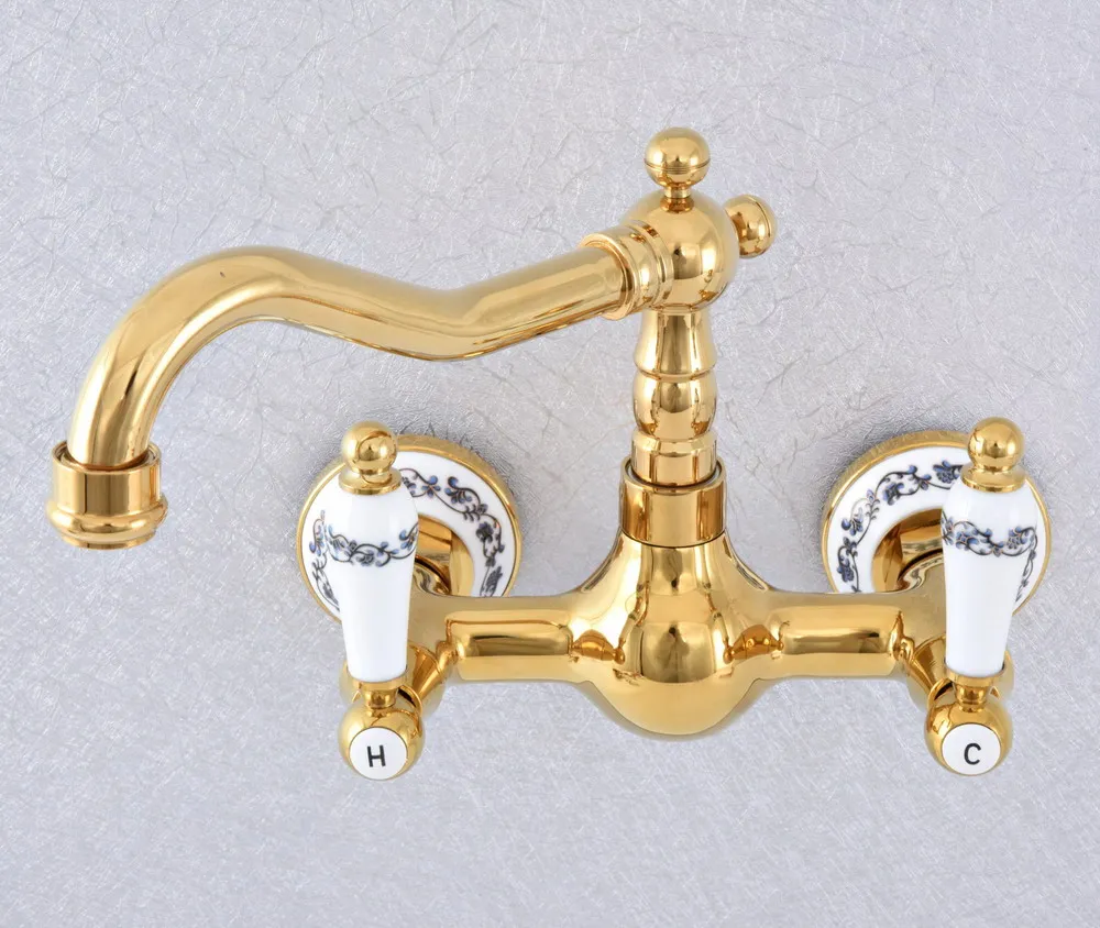 

Polished Gold Color Brass Bathroom Kitchen Sink Basin Faucet Mixer Tap Swivel Spout Wall Mounted Dual Ceramic Handles msf611