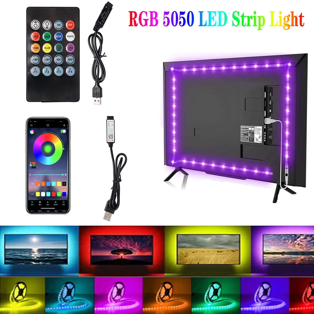 

RGB 5050 Bluetooth App Led Strip Light 5V USB 20 Key IR Control Music Sync Mode for Room TV Backlight Festoon Decoration