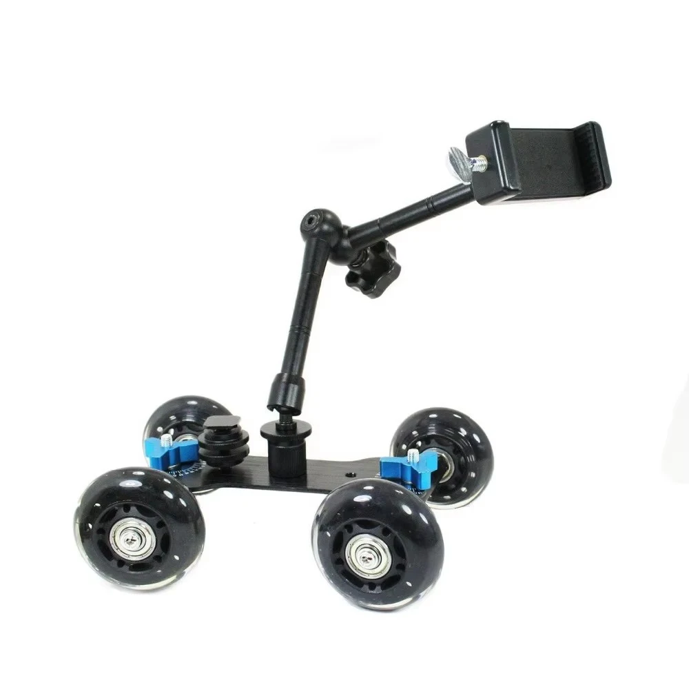 Фото 4-колесный настольный мобильный Rolling Slider Dolly Car с комплектом крепления для смартфона, резьбой 1/4 и 3/8 и держателем для телефона №3