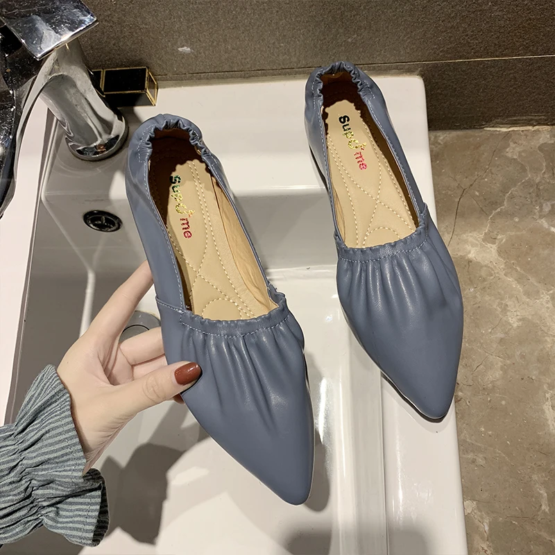 

Light Blue Soft Leather Flats Women Pinted Toe Elastic Pleated Loafers Female Comfy Bottom Moccasins Working Shoes Woman Mules