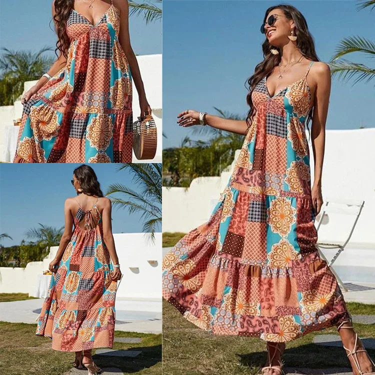 

2023 New Summer Women's Strap Print Backless Dress Elegant