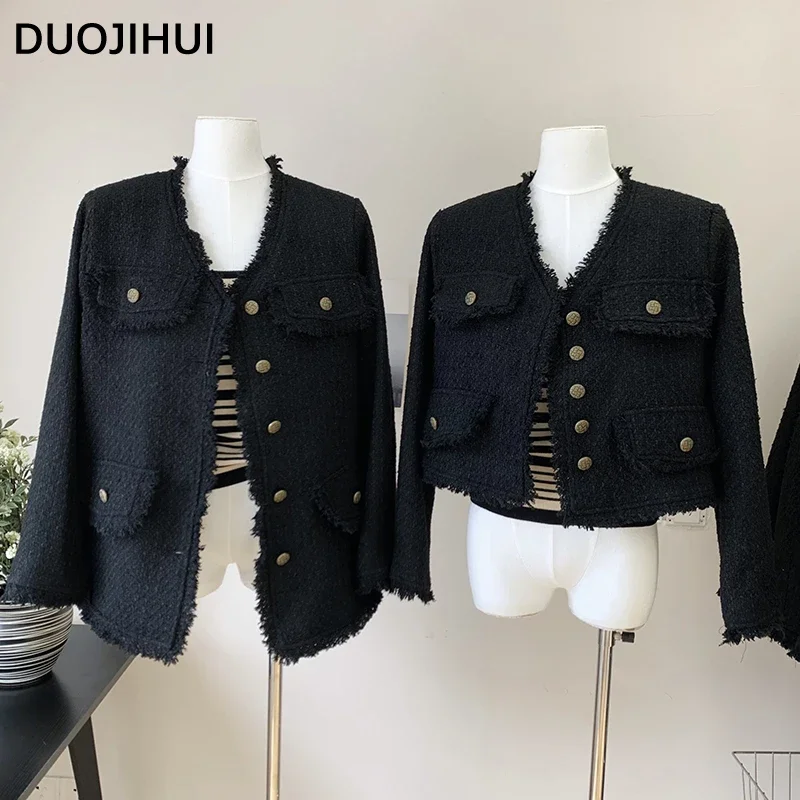 Фото DUOJIHUI Классические черные осенние новые свободные женские куртки модная однобортная простая однотонная Базовая Женская куртка с длинным рукавом №3